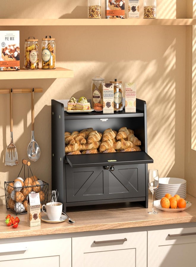 TQQDCI Bread Box for Kitchen Countertop, Double Layer Wooden Breadbox, Large Capacity Bread Storage Bin, Homemade Bread Storage Container, Farmhouse Breadbox Organizer, Black - Image 2